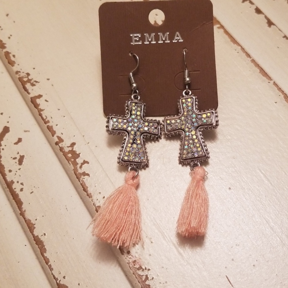 Iridescent Cross earrings with peachy pink tassel